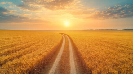 Fototapeta premium A serene landscape featuring a winding dirt path through golden fields, illuminated by a warm sunset.