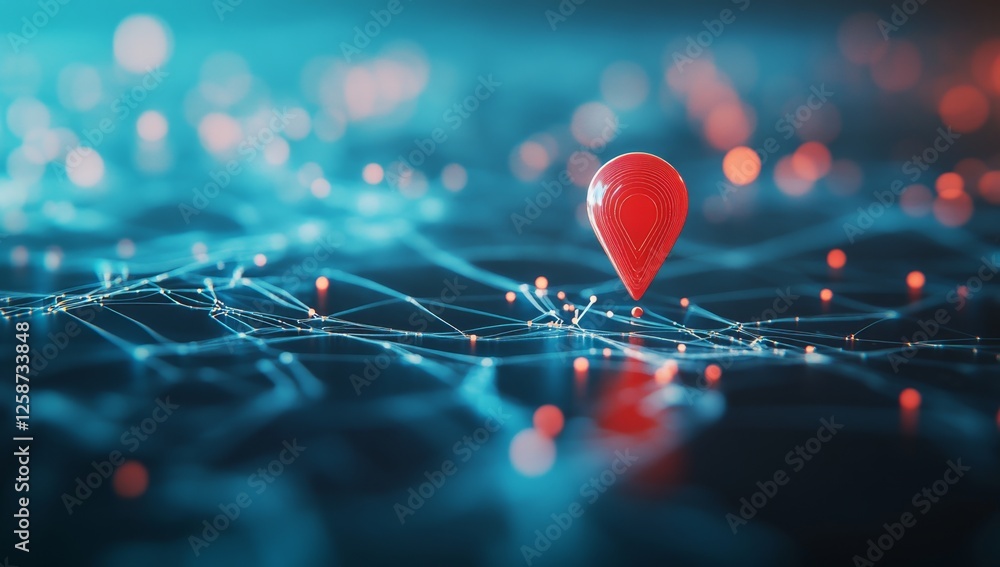 Poster red marker pinpointing location on digital network map