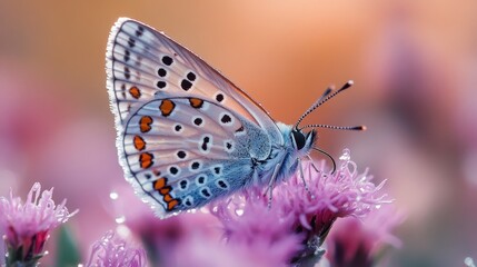 Obraz premium A delicate blue butterfly rests on vibrant pink flowers, showcasing its intricate patterns and colors against a softly blurred background.