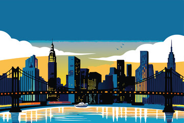 Create a vibrant vector illustration of the New York City skyline at sunset, emphasizing tall buildings and a dramatic sky.  Include detailed architectural elements.