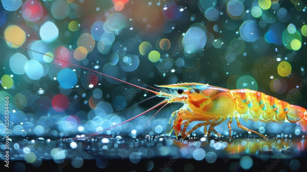 Poster A vibrant shrimp explores a glossy surface while colorful bokeh lights create a magical backdrop, highlighting its bright orange and yellow hues in a captivating aquatic setting.