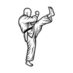 A dynamic vector illustration of a Taekwondo martial artist in a powerful, poised pose, showcasing leg extension and upper body control.