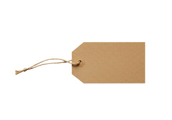 A blank, eco-friendly kraft paper tag with a string, perfect for labeling products or gifts. Isolated on white background.