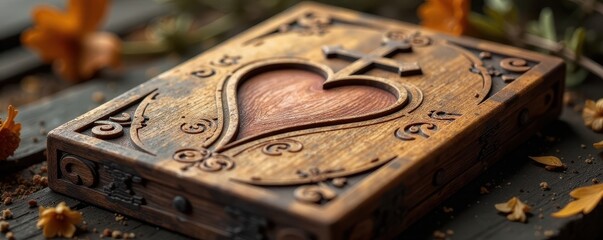 A wooden mourning card with a stylized heart and cross motif, adorned with intricate wood grain patterns, wool, beige