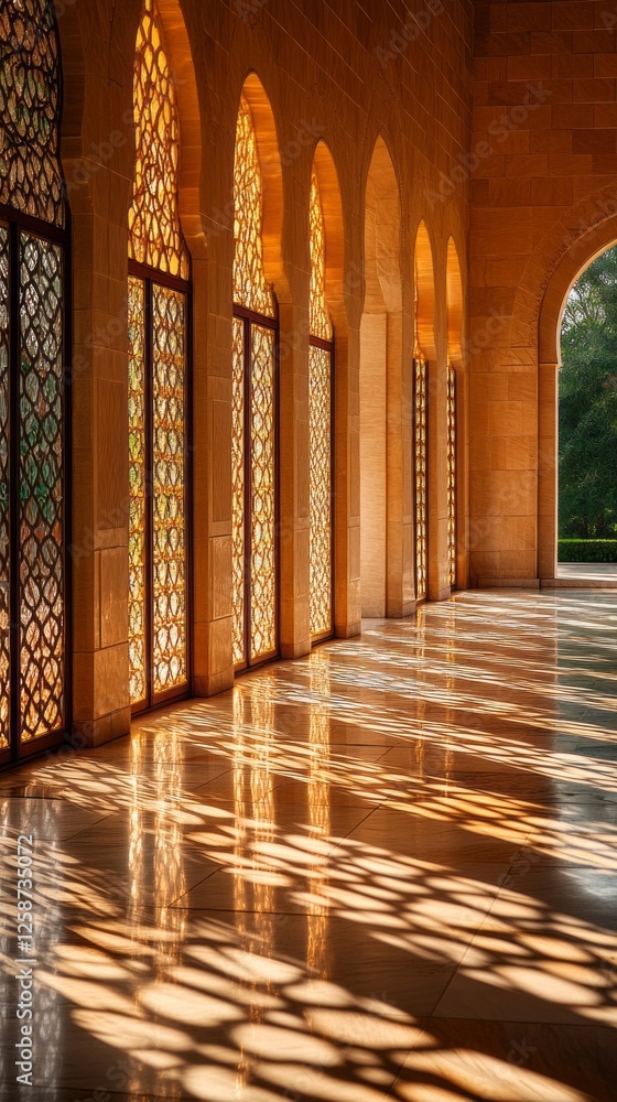 Poster golden sunlight filters through intricately patterned windows, casting beautiful shadows on polished
