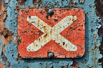 Weathered Red and White X Sign on Rusted Metal Surface Grunge Texture Abstract Background