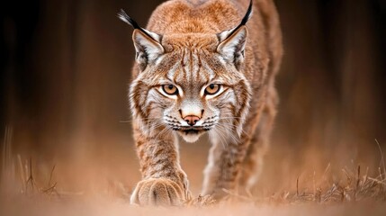 Obraz premium Lynx stalking in autumn forest. Possible use Nature, wildlife, hunting, predator