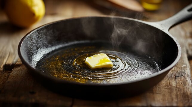 A cast iron skillet with olive oil and half a tablespoon of melting butter. Skillet with melting butter in food preparation.
