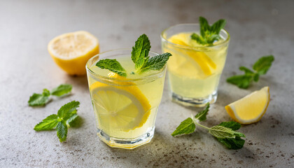 Fototapeta premium Glasses of refreshing lemonade with mint. Tasty drink. Delicious beverage.