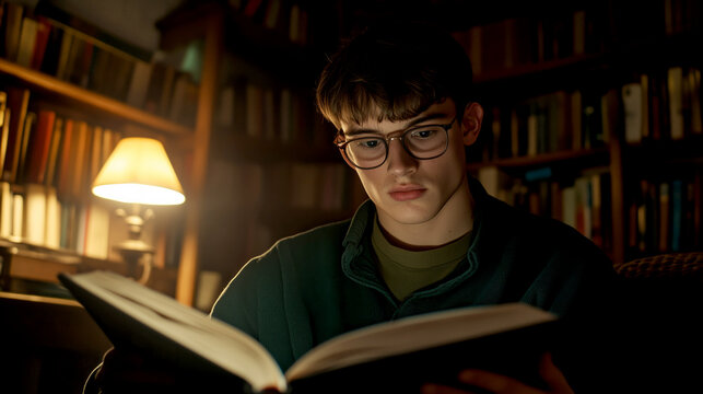 Focused mindset young reader enjoying a book in a cozy library