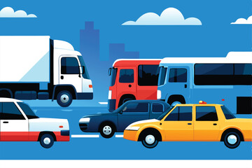 Create a vibrant vector background showcasing diverse transportation modes cars, trains, planes, ships, bicycles.  Include various colors and styles for a dynamic feel.