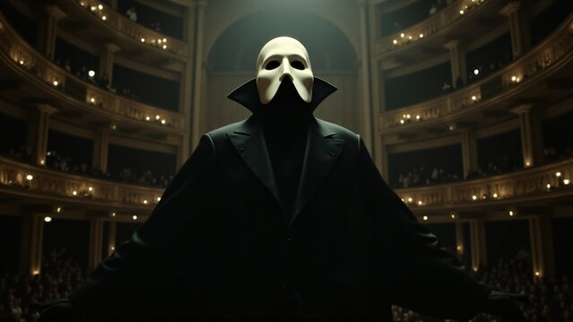 The Phantom of the Opera stands in shadows, his iconic mask and tragic presence creating a hauntingly beautiful atmosphere. The scene captures his artistic genius and inner torment.