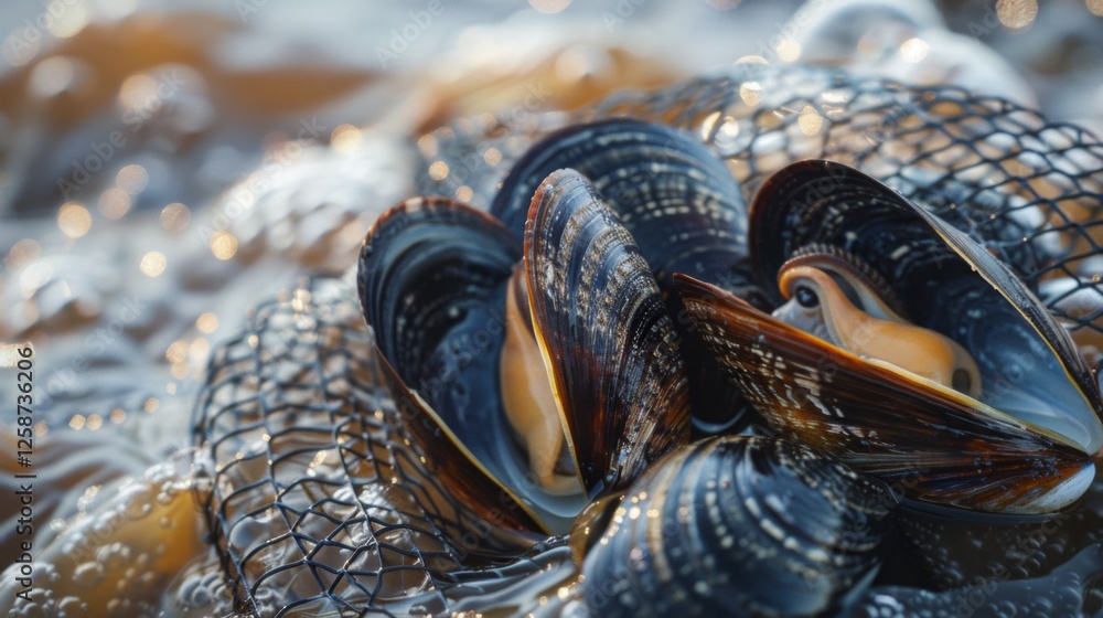Poster Shellfish are nestled within a tidal pool, displaying striking colors and patterns as water glistens around them. This moment captures the beauty of nature at sunrise.