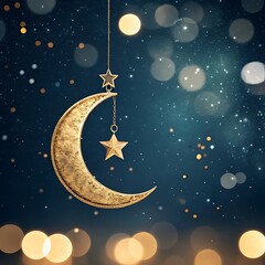 Naklejka premium Golden crescent moon, stars hanging, bokeh background