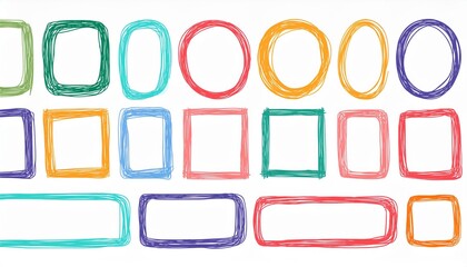Hand drawn doodle color frame set. Box, square, rectangle, circle shape brush pen line stroke scribble element. Hand drawn simple oval, square frame for text border. perfect any project.