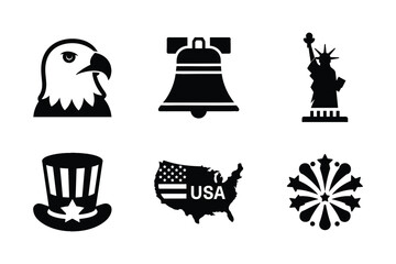 A set of 4th of July vector silhouette elements, USA Independence Day, 4th of July, colorful vector elements, USA flag with heart shape, bald eagle, liberty bell, Uncle Sam hat