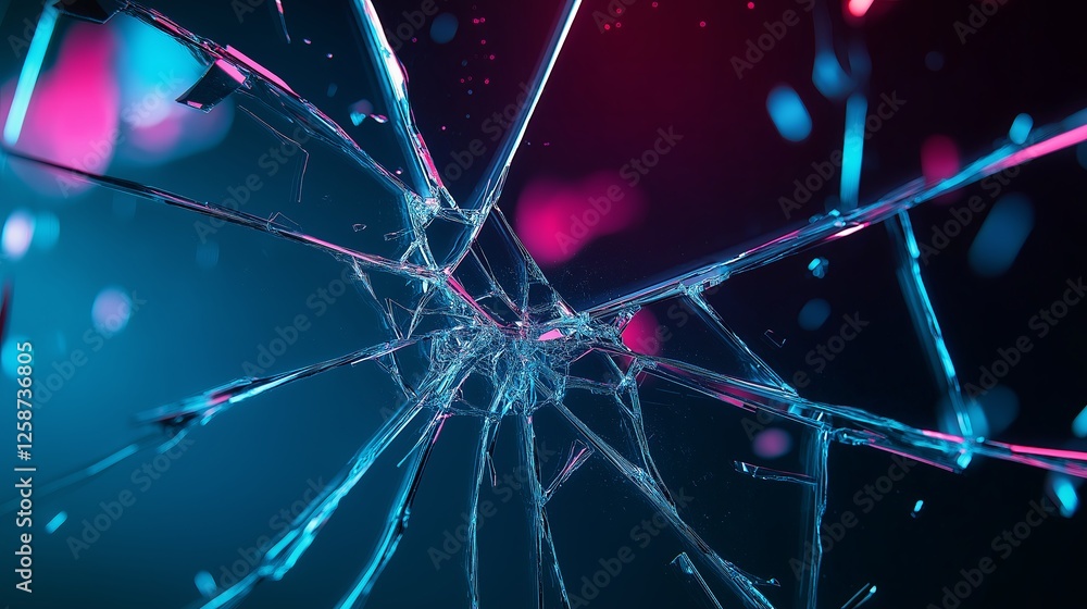 Poster a shattered glass effect with neon reflections creating a futuristic atmosphere