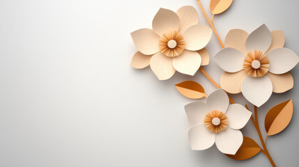 Elegant paper art flowers with minimalistic design on white background, featuring delicate beige and orange petals and leaves. composition exudes soft and artistic aesthetic