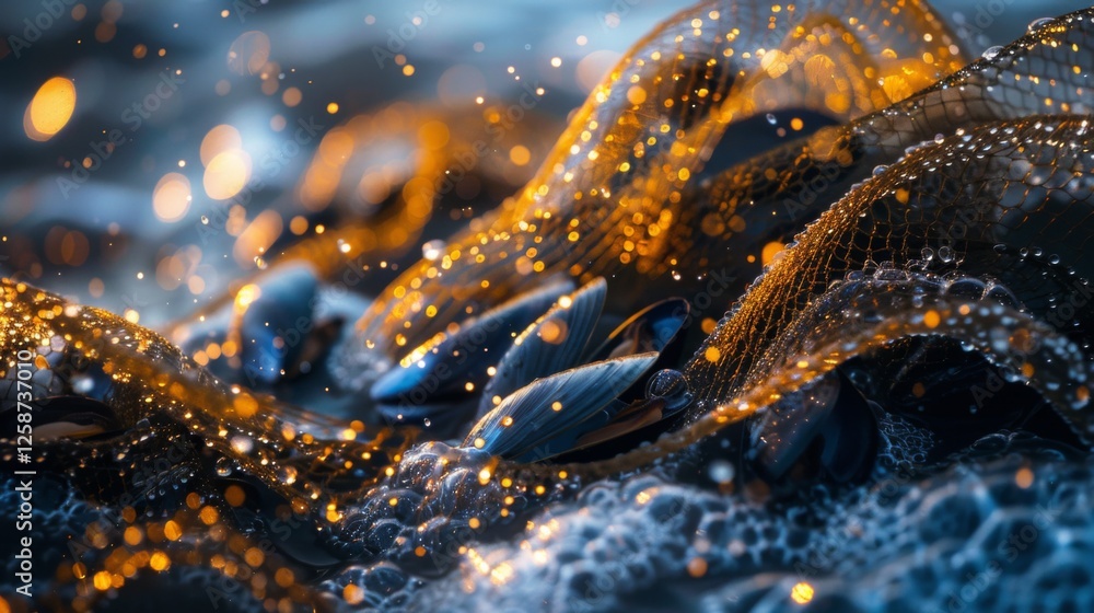 Poster golden light dances across waves while shells and sea creatures rest among swirling water. the soft 