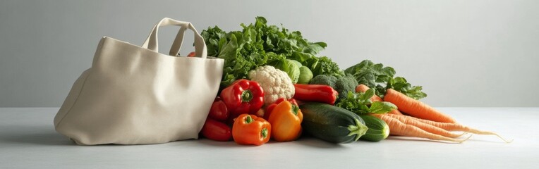 A variety of fresh vegetables, including lettuce, carrots, and bell peppers, spill out from a reusable canvas shopping bag on a sleek surface. This displays the essence of eco-friendly living