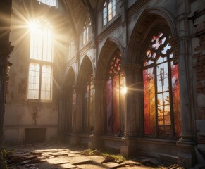 Obraz premium Dilapidated church facade with sunbeams piercing through broken panes , worn, beam, roof