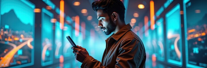 A man engrossed in his smartphone amidst a vibrant digital art display. Ideal for tech, creativity, and social media marketing themes.