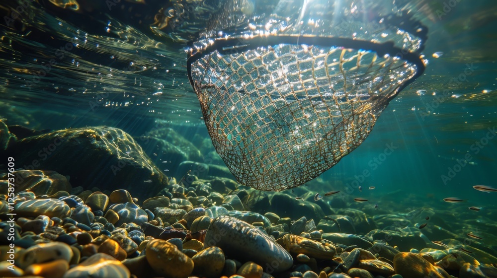 Poster a mesh net is submerged in a crystal clear river, capturing small fish and underwater rocks during a