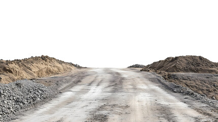 empty dirt road leading through piles of soil in construction site isolated png transparent background