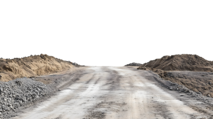 empty dirt road leading through piles of soil in construction site isolated png transparent background