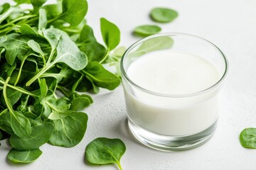 Balanced nutrition layout, fresh organic greens with dairy products, close-up shot with high detail, bright and inviting atmosphere, professional food photography