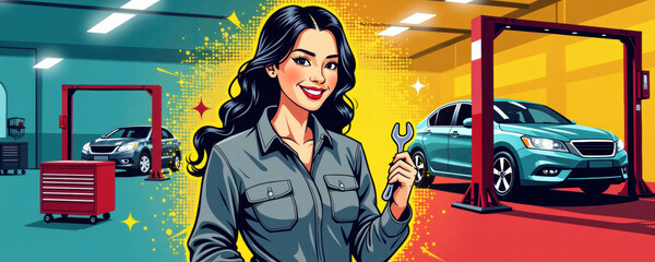 Fototapeta premium A confident female mechanic holds a wrench in a vibrant garage. This illustration promotes diversity in automotive professions and showcases women's empowerment in the industry.