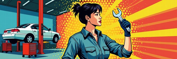 Dynamic illustration of a confident female mechanic holding a wrench, set against a vibrant backdrop in an automotive workshop. Perfect for promoting automotive services and women's empowerment.
