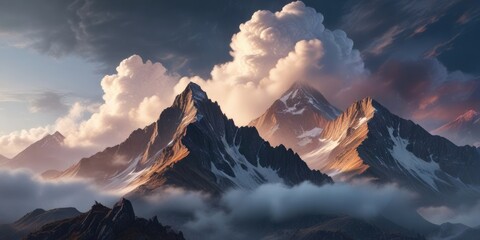 Dramatic cloud formations above towering mountain peaks with a hint of misty fog, rocky, mountains