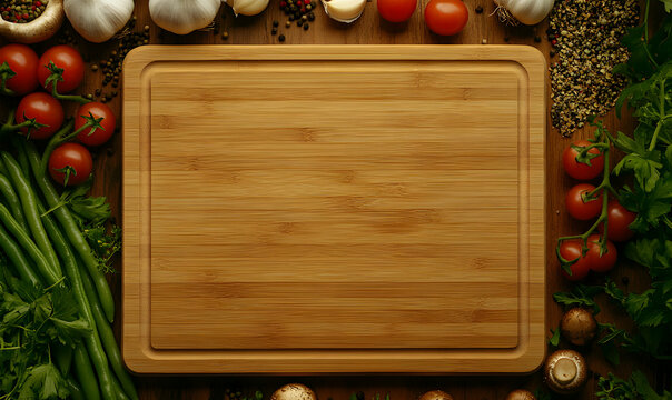 Empty wooden cutting board surrounded by fresh vegetables, herbs, and spices; perfect for recipe or food blog background.