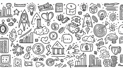 Fototapeta premium Hand drawn doodle business, money icon set. Finance, startup marketing sketch drawn cute trendy line doodle icon. Business work, finance rocket, growth economic goal elements. perfect any project.