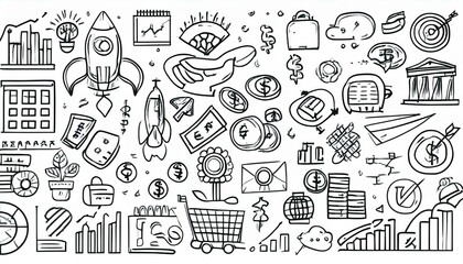 Hand drawn doodle business, money icon set. Finance, startup marketing sketch drawn cute trendy line doodle icon. Business work, finance rocket, growth economic goal elements. perfect any project.