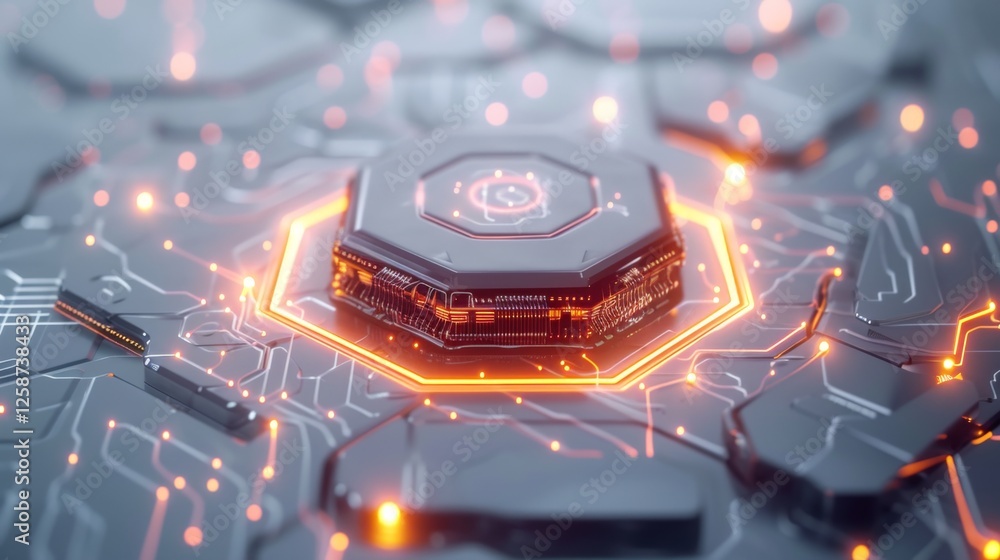Poster octagonal chip glowing with neon orange accents, placed on a futuristic digital surface, symbolizing