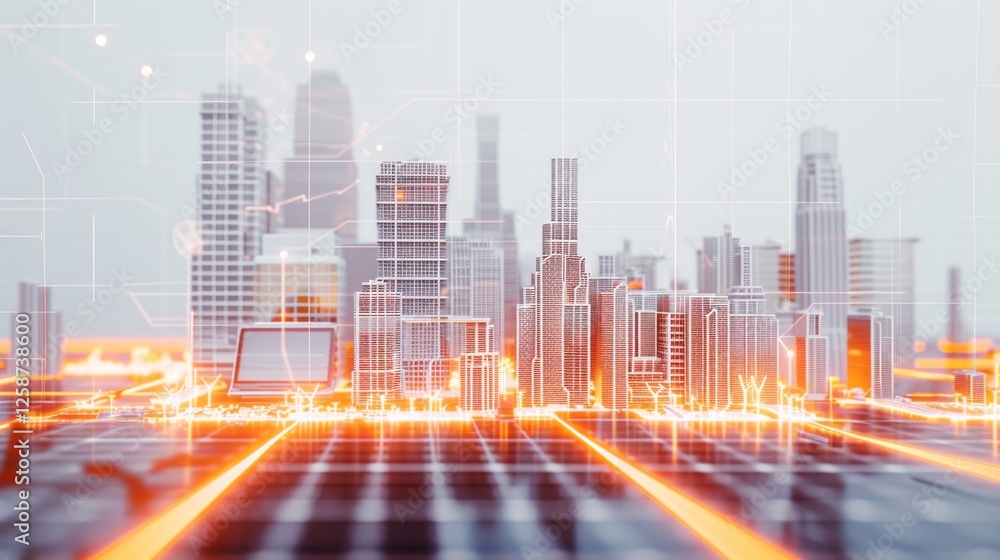 Poster a 3d rendering of a modern city skyline illuminated with glowing futuristic connections, representin