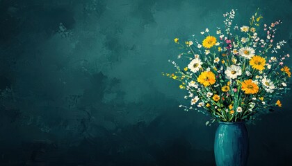 Classic oil painting of a wildflower bouquet, rich saturated colors, traditional botanical art style, dramatic lighting, realistic brushwork, dark background