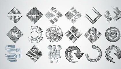 Arrow line hand drawn brush vector set. Grunge square, spiral, arrow element scribble line brush hand drawn sketch design. Grunge abstract chalk, crayon pencil style. perfect any project.