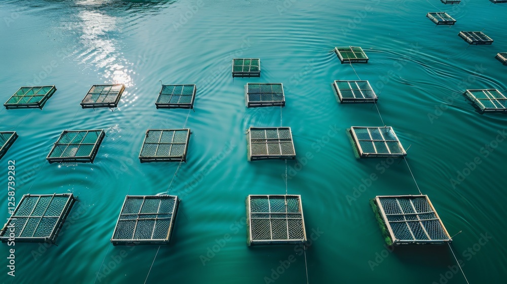 Poster Multiple floating platforms create a tranquil aquaculture setup in the water, reflecting sunlight as evening approaches. The still surface enhances the serene atmosphere.