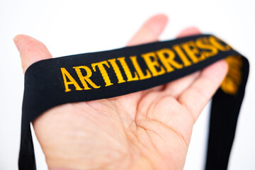Historical military artifact Cap Band Marine, black ribbon Artillery School inscription, Marine...
