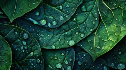 Fototapeta premium Fresh spinach leaves shine with water droplets in detailed macro shot showcasing vibrant green textures and natural beauty. Generative AI