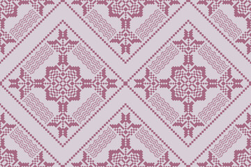 Pattern geometric flower in diamond border shape with soft pink. Ethnic seamless pattern of pink flower. Pastel, abstract, pixel art, modern, classic and traditional concept for fabric design, decor.