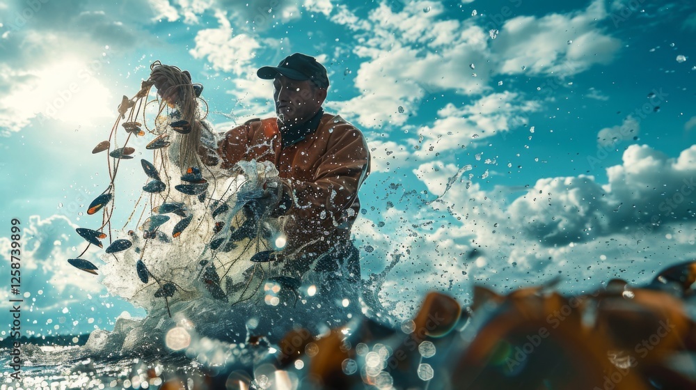Poster A fisherman pulls in his net filled with seafood while droplets spray around him. The backdrop features a colorful sky filled with clouds, hinting at an approaching sunset.
