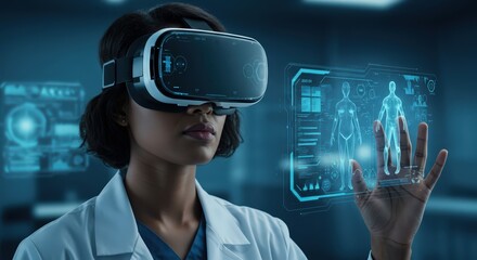 Doctor wearing VR headset in medical setting for advanced healthcare technology and training