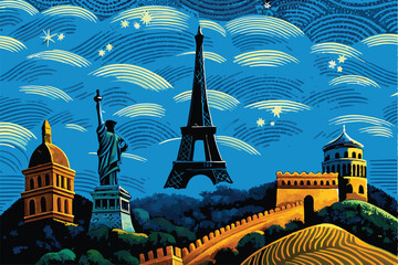 Create a vibrant vector background featuring iconic global landmarks like the Eiffel Tower, Taj Mahal, and Great Wall, rendered in a stylized, flat design.