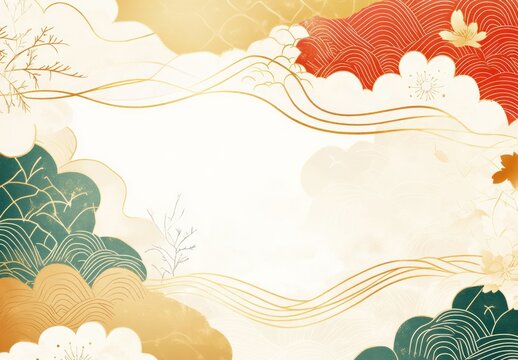 Elegant Asian Inspired Art Gold Lines Floral Design