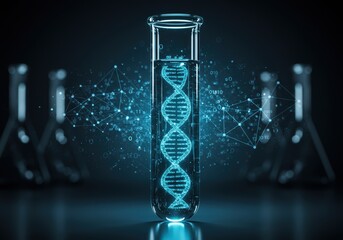 Glowing DNA structure in test tube with lab flasks for genetic research and scientific discovery