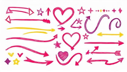 Obraz premium Line hand drawn marker arrow, heart, text highlight brush color shape element set. Hand drawn sketch marker underline shape, arrow, star scribble brush pen stroke element. perfect any project.